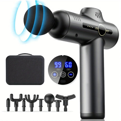 TherapyGun 99-Speed massage gun in grey with touch display, carry case and 8 massage heads