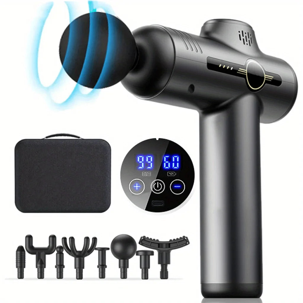 TherapyGun 99-Speed massage gun in grey with touch display, carry case and 8 massage heads
