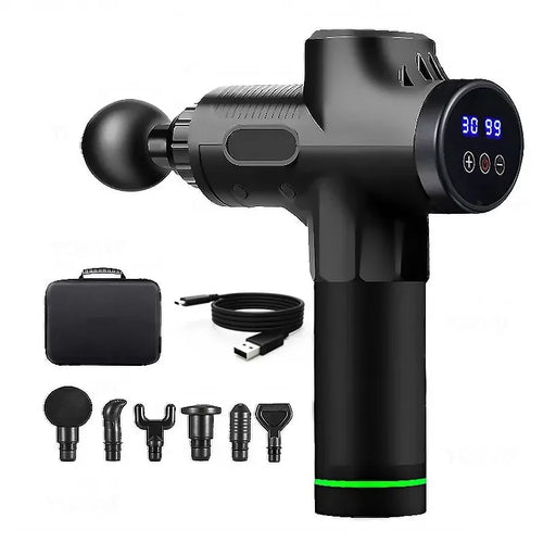 TherapyGun 30-Speed massage gun in black with carry case, charging cable and 6 massage heads