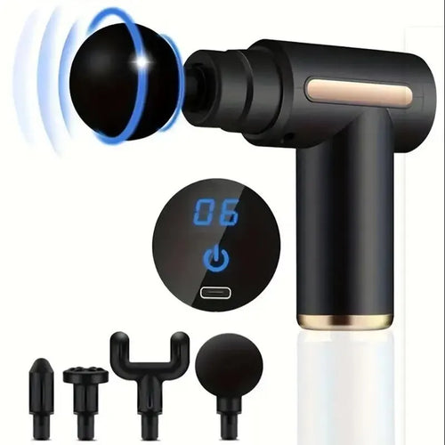 TherapyGun 6-Speed Mini massage gun in black with 4 massage heads