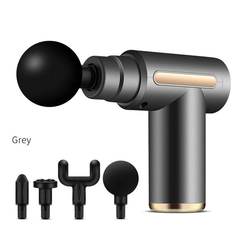 TherapyGun 6-Speed Mini massage gun in grey with 4 massage heads